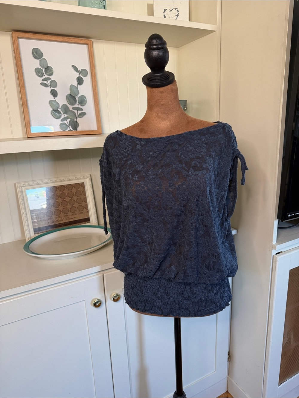 Anthropologie Deletta Navy floral mesh Boatneck Blouson Top